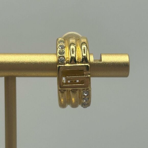 Givenchy Gold Tone Half Hoops Clip On Earrings Rhinestones Elegant G Logo - Picture 2 of 9